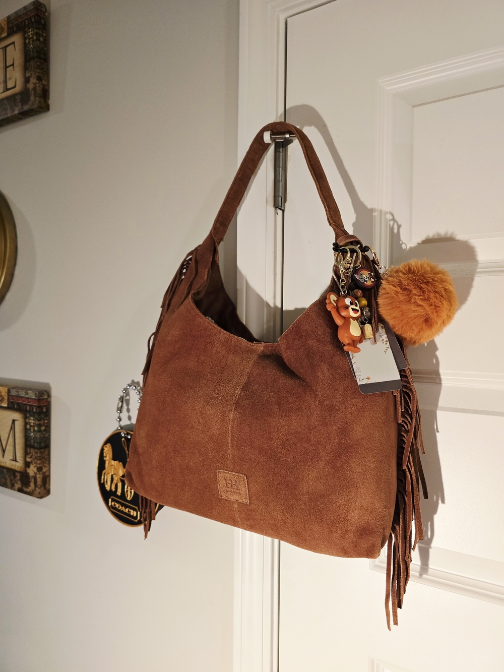 Suede Brown Fringe Shoulder Bag with Pom Pom Junk Charm - Picture 2 of 3